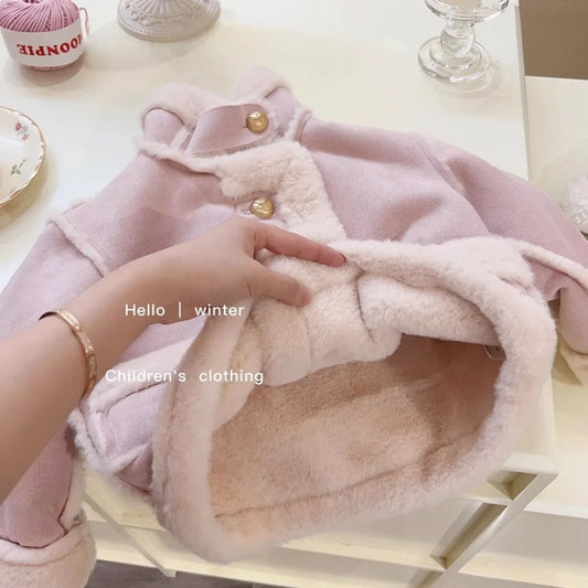 Girls Coat 2024 New Style with Plush and Thickened Childrens Clothes Top Fashionable Baby Winter Cotton Jacket