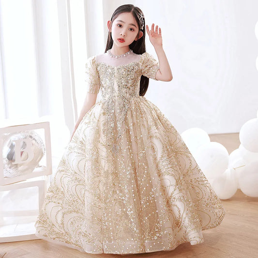 Luxury Birthday Party Dress for Girls Long Evening Gown Cocktail Pageant Kids Formal Occasion Dresses Prom Sequin Princess Child