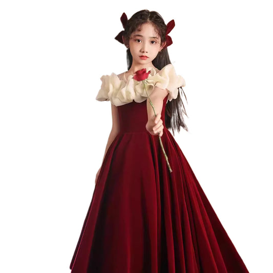 Children's dress Red Flower Child Wedding Little girl Birthday party Girl Princess dress High-end host piano costume