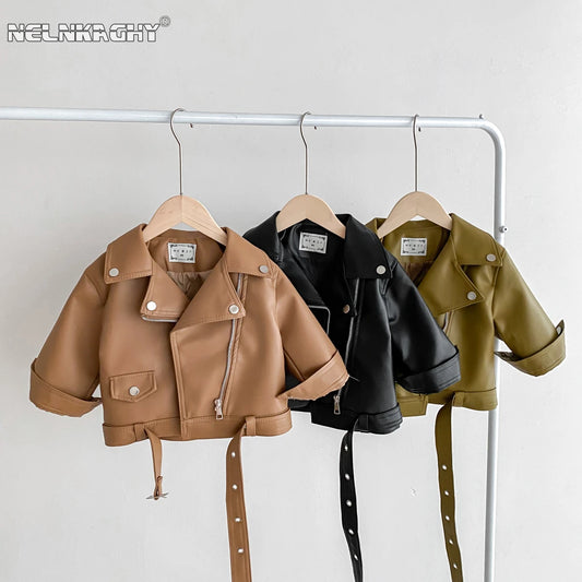 2023 Winter New in Kids Baby Girls Boys Fashion Top - Children Leather Thick Zipper Girdle Coat , Toddler Trend Jacket 2-9Y