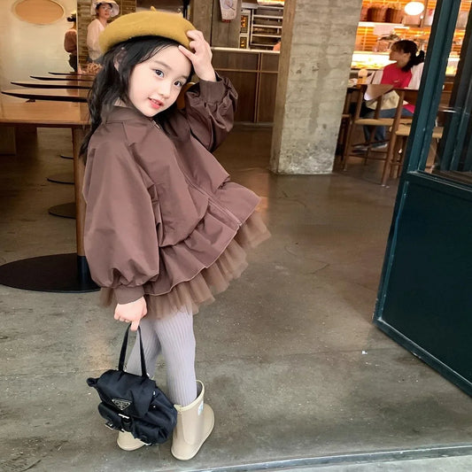 New Girls' Coat Korean Jacket Version Fake Two-Piece Mesh Children's Coat Top Spring and Autumn  Children's Clothing Baby Kids