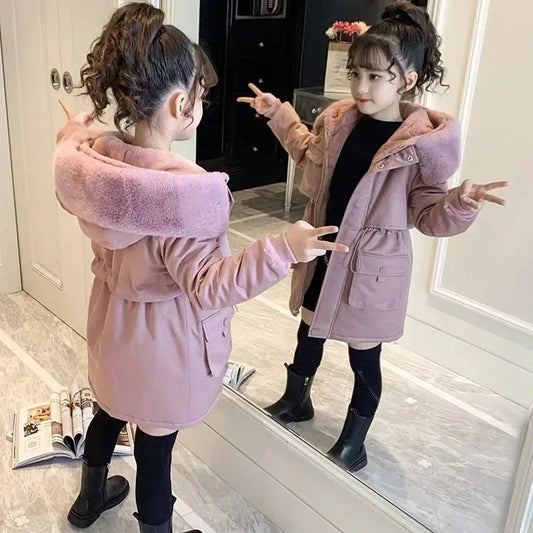 Girls Cotton Jacket Winter 2024 New Childrens Fashion Plush Thickened Style Overcomes Girls Cotton Jacket