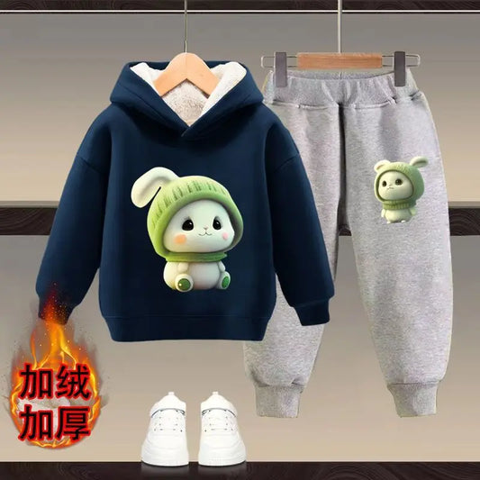 Boys and girls plush hoodie set, children's winter clothing, stylish, casual, thick hooded two-piece set