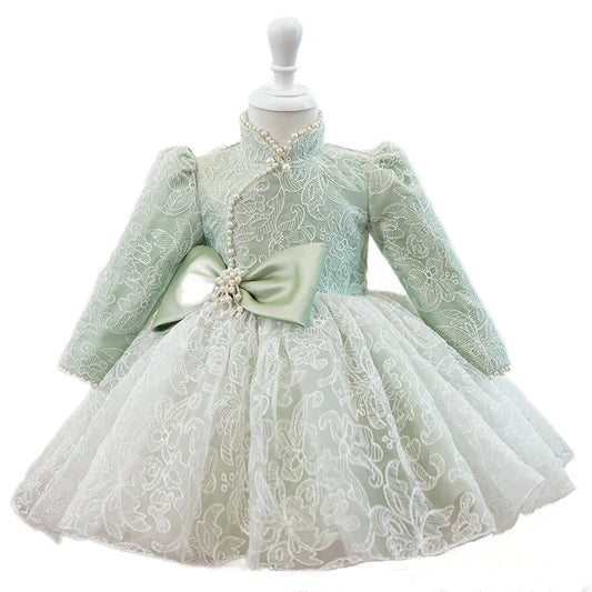 Children Evening Princess Ball Gown Gilrs Cute Beading Bow Design Long Sleeve Birthday Party Dresses y1070