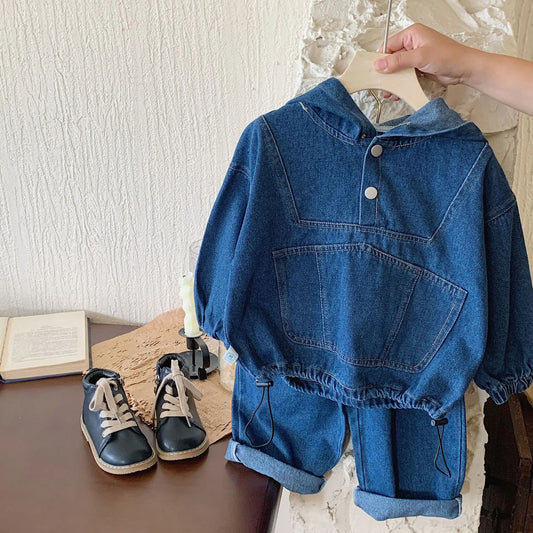 2024 Baby Spring Autumn Solid Denim suit Denim Long sleeved Boys Set Girls Fashionable Hoodie Long Pants Set 2-8 Year Old