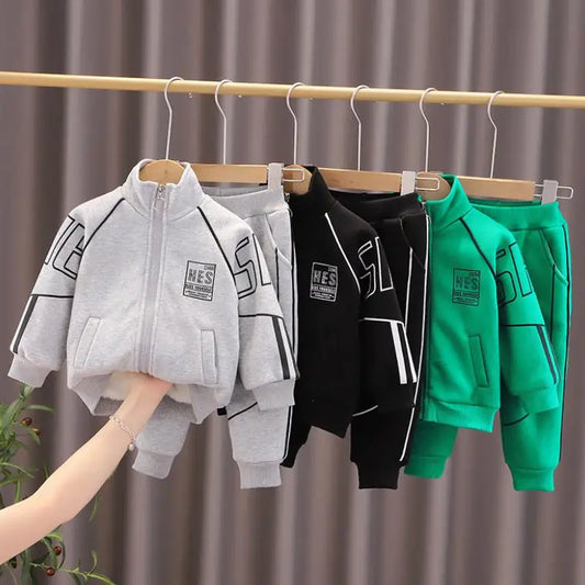 2023 New Korean Children's Thickened Warm Set Fashion Boys' Baby Autumn/Winter Plush Letter Zipper Sports Set 0-5 Years Old