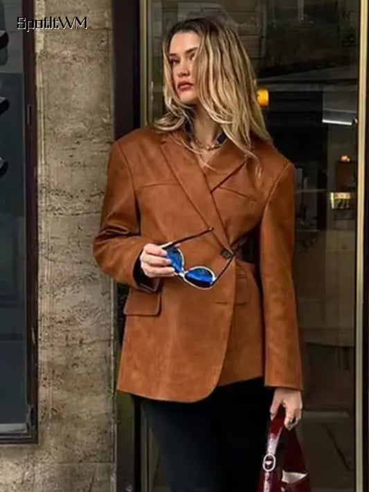 Women Retro Brown Lapel Blazer Jacket Fashion Single Breasted Long Sleeves Office Suit Coats Autumn New Lady Commute Outerwear