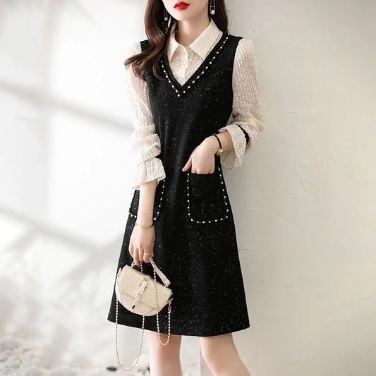 Spring Autumn Elegant Chic Vintage Dresses Women Clothing Fake Two Pieces Long Sleeve Pullovers Fashion Harajuku Y2K Vestidos